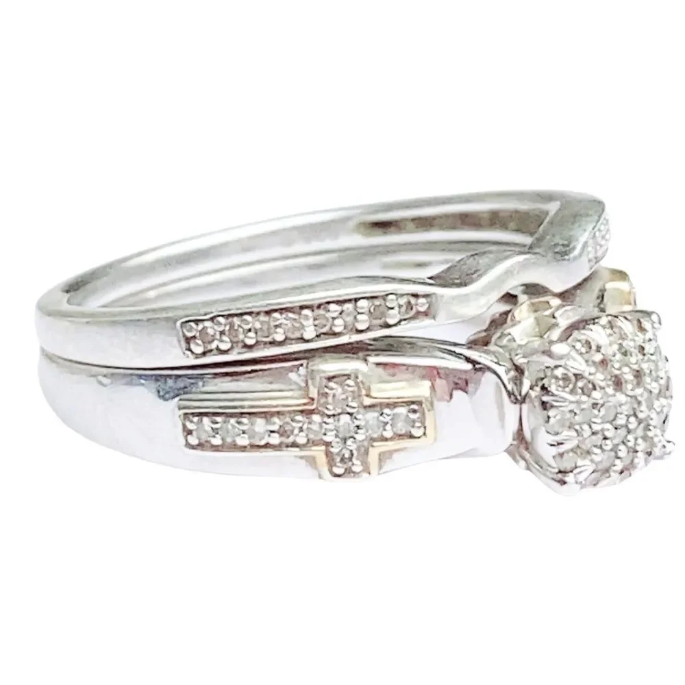 Bridal Set Wedding Engagement Cross Round Diamond Ring Sz 6.75
